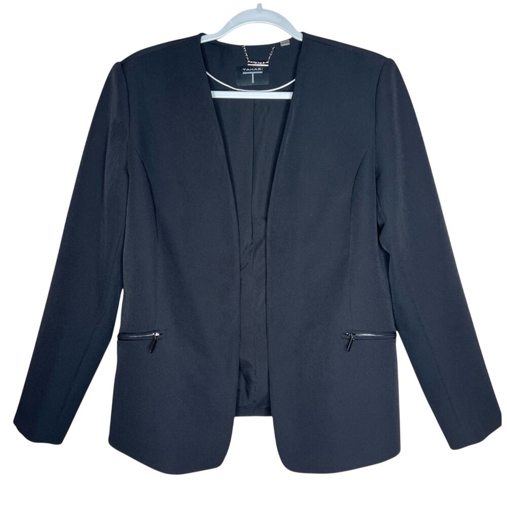 T Tahari Open Front Black Blazer 10 Zip Pockets Corporate Career Professional